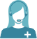 Blue icon of woman with headset and white plus sign on shirt represents the Nurse Care Coordinator