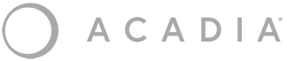 Gray Acadia Pharmaceuticals Inc. logo in global footer links to Acadia Pharmaceuticals Inc. corporate website